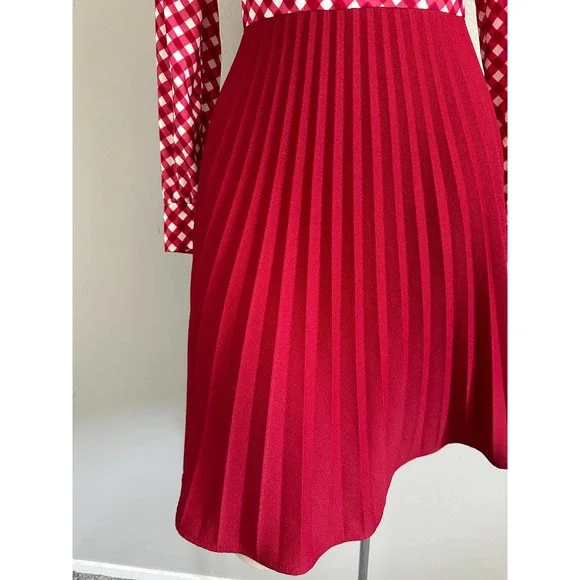 Vintage 60s 70s Red Check Skater Accordion Pleated Dagger Collar Mod Red Dress - Picture 3 of 15